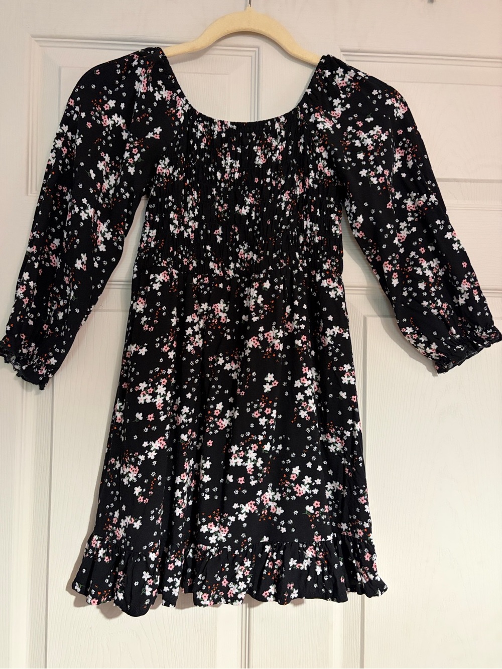 Girls' Black Floral Smocked Casual Dress with Ruffle Hem